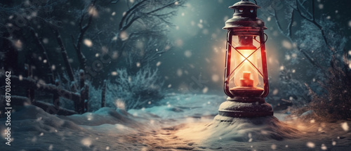 Warm Glowing Lantern in a Snowy Winterwonderland