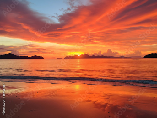 Amazing Tropical Island Sunset Full of Reds and Orange over the Ocean as the Day Ends