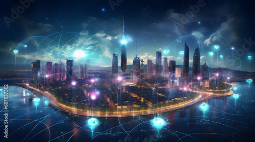 Smart city and communication network concept. 5G. LPWA. Generative Ai.