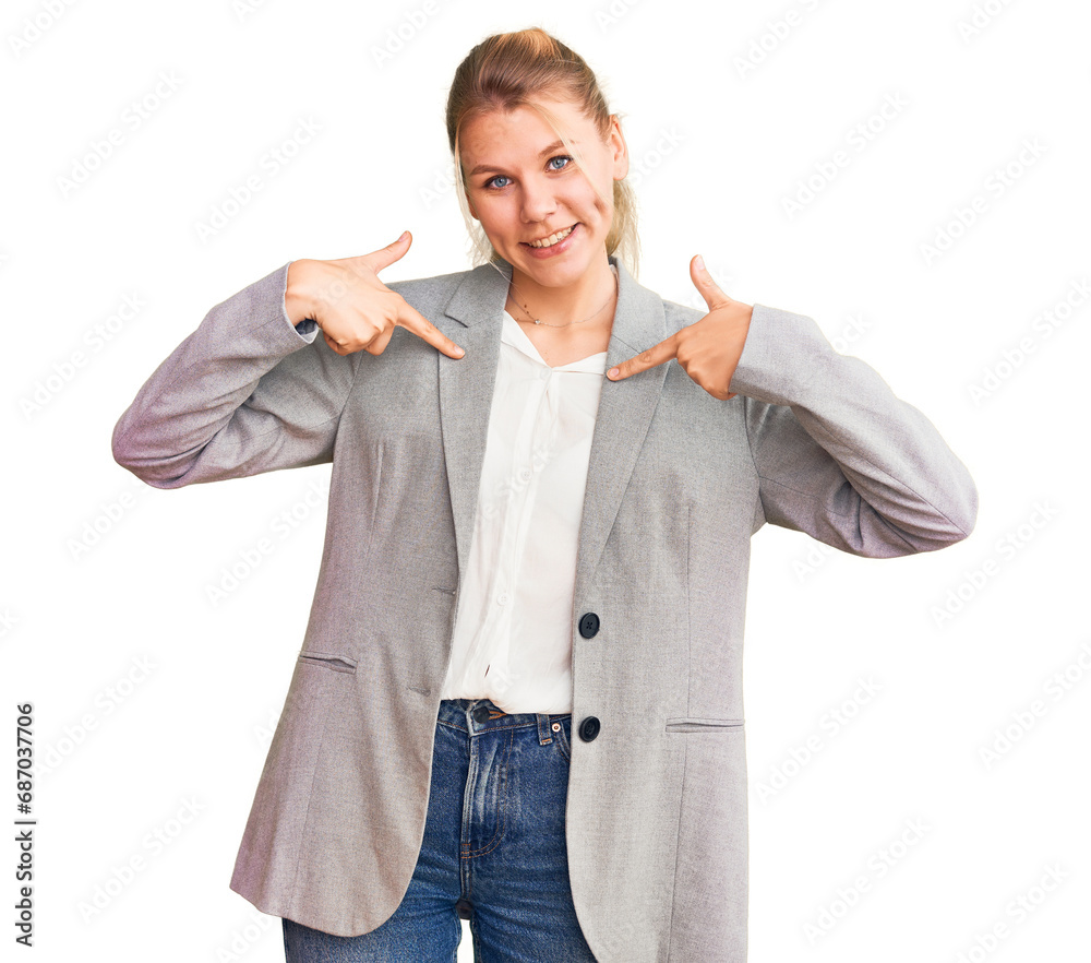 Young beautiful blonde woman wearing elegant jacket looking confident with smile on face, pointing oneself with fingers proud and happy. Young beautiful blonde woman wearing elegant jacket looking confident with smile on face, pointing oneself with fingers proud and happy.