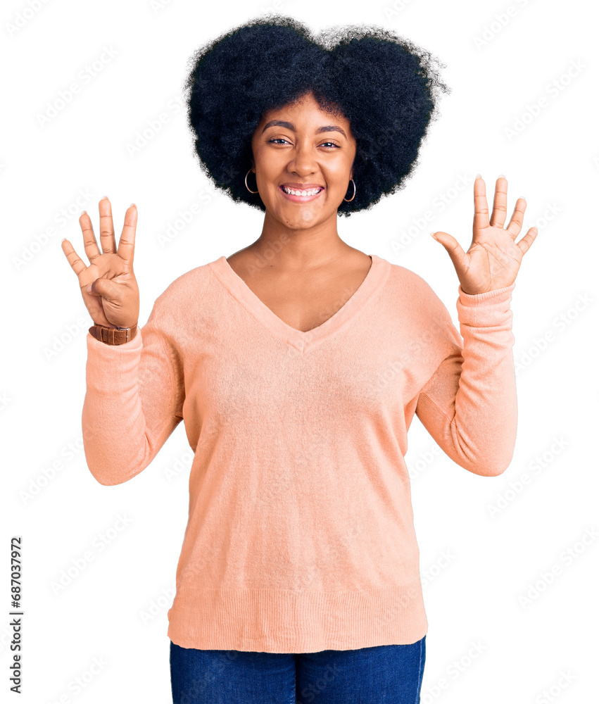 Young african american girl wearing casual clothes showing and pointing up with fingers number nine while smiling confident and happy. Young african american girl wearing casual clothes showing and pointing up with fingers number nine while smiling confident and happy.