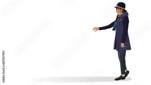 A dark-skinned man stands and grabs something. Wear a hat and long coat. with shadow on isolated white background.