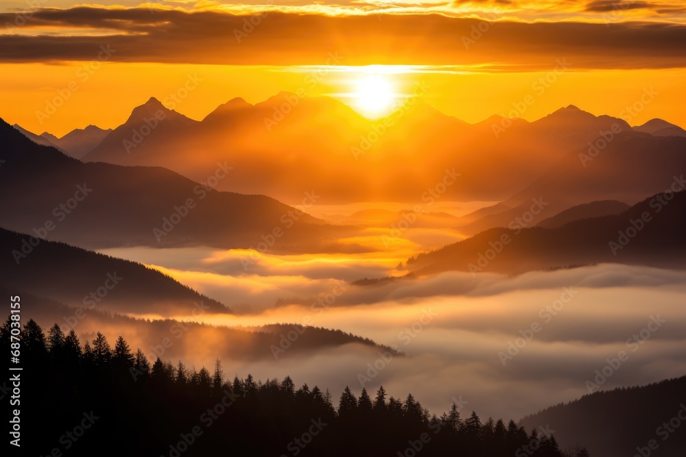 Sunset Radiance Over Mist-Enshrouded Mountains