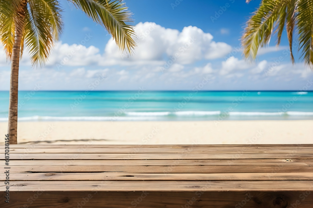Empty wooden table with beach background,  beach with palm trees