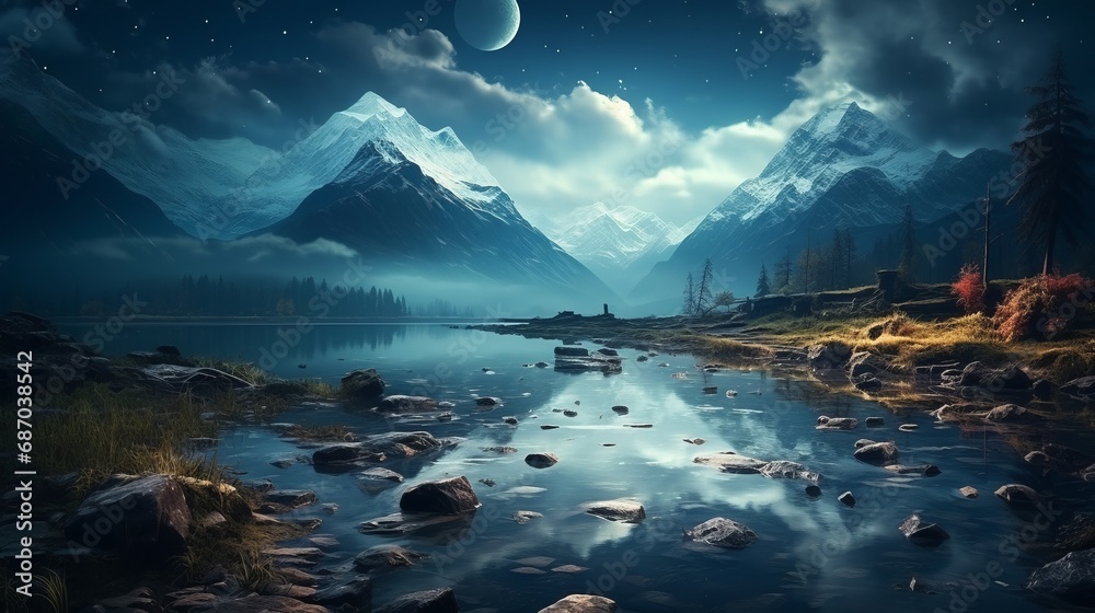 Beautiful night landscape of a lake in the mountains