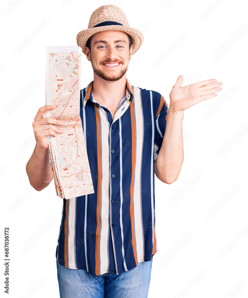 Young handsome caucasian man wearing summer hat holding city map celebrating victory with happy smile and winner expression with raised hands Young handsome caucasian man wearing summer hat holding city map celebrating victory with happy smile and winner expression with raised hands