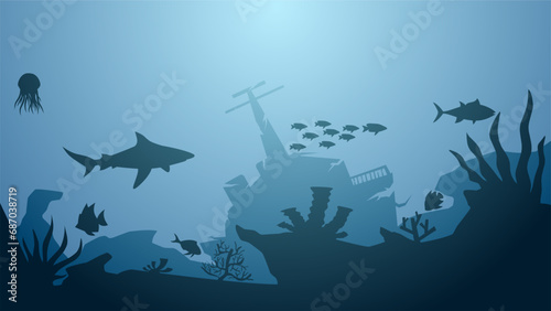 Seascape vector illustration. Scenery of sunken lighthouse and shipwreck at the bottom of the sea. Underwater wildlife for illustration, background or wallpaper