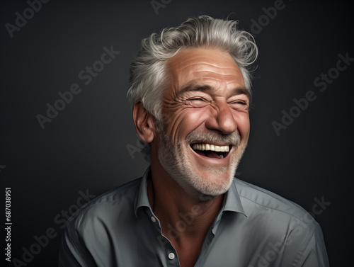 Middle-aged man smiling and laughing in the studio