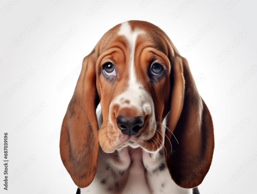 Close-up portrait of a purebred Basset Hound puppy. Isolated on a white background. Close-up portrait of a purebred Basset Hound puppy. Isolated on a white background.