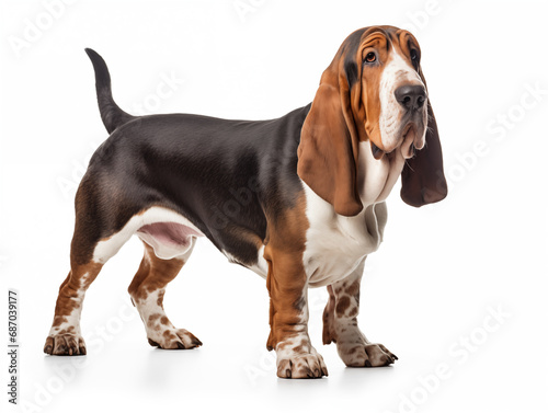 Close-up full-length portrait of a purebred Basset Hound dog. Isolated on a white background. © Екатерина