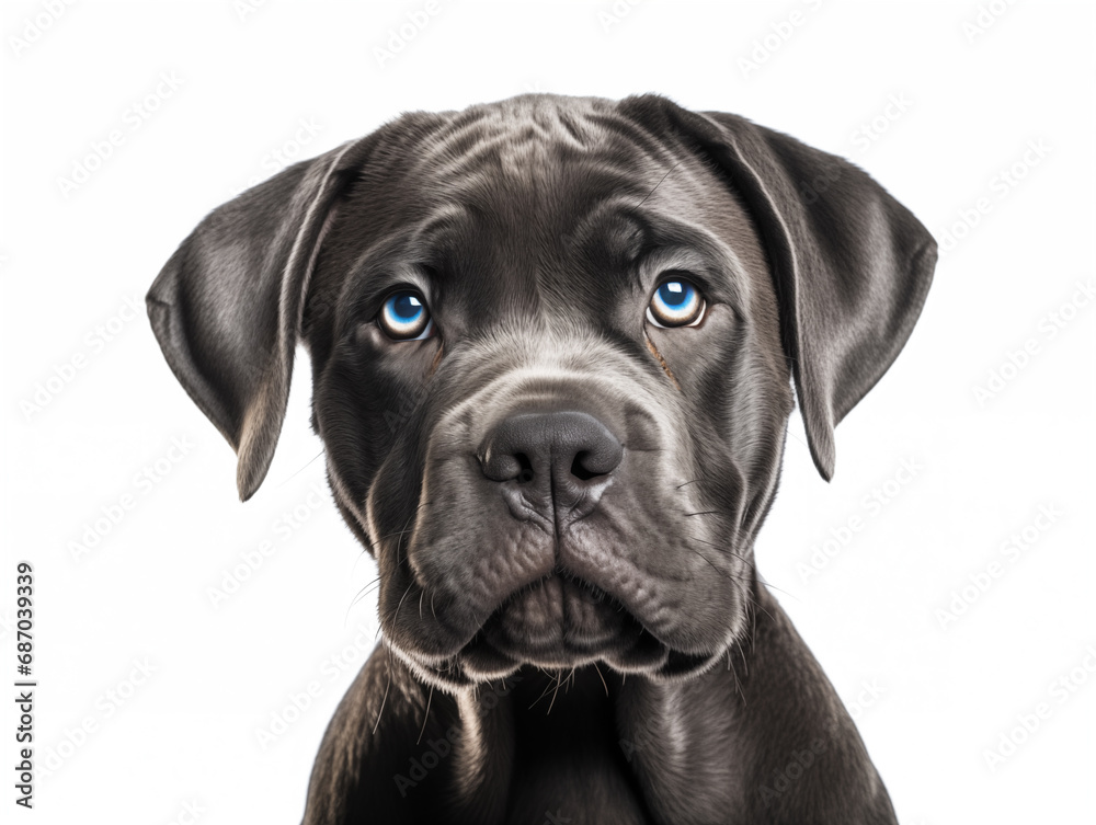 Close-up portrait of a purebred Cane Corso puppy. Isolated on a white background.
