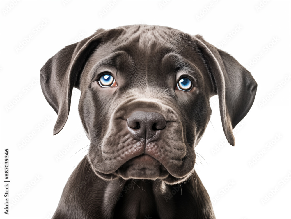 Close-up portrait of a purebred Cane Corso puppy. Isolated on a white background.