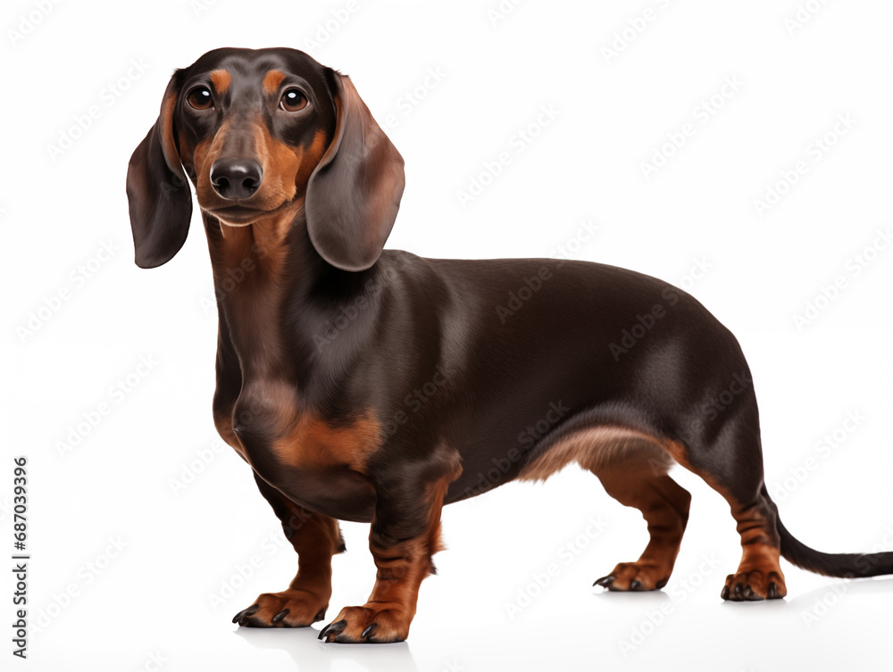 Close-up full-length portrait of a purebred adult dachshund. Isolated on a white background.