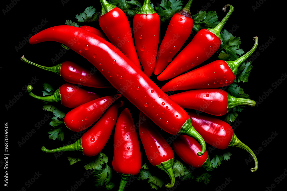 Red hot chili peppers on a black background. Red chilies in a circle top view shot.