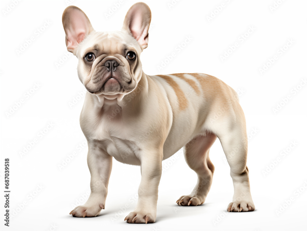 Close-up full-length portrait of a purebred French bulldog puppy. Cream or fawn color.Isolated on a white background.