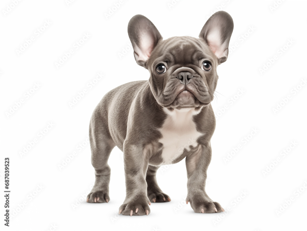 Close-up full-length portrait of a purebred French bulldog puppy. Blue suit. Isolated on a white background.