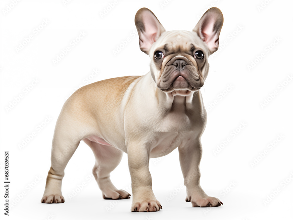 Close-up full-length portrait of a purebred French bulldog puppy. Cream or fawn color.Isolated on a white background.