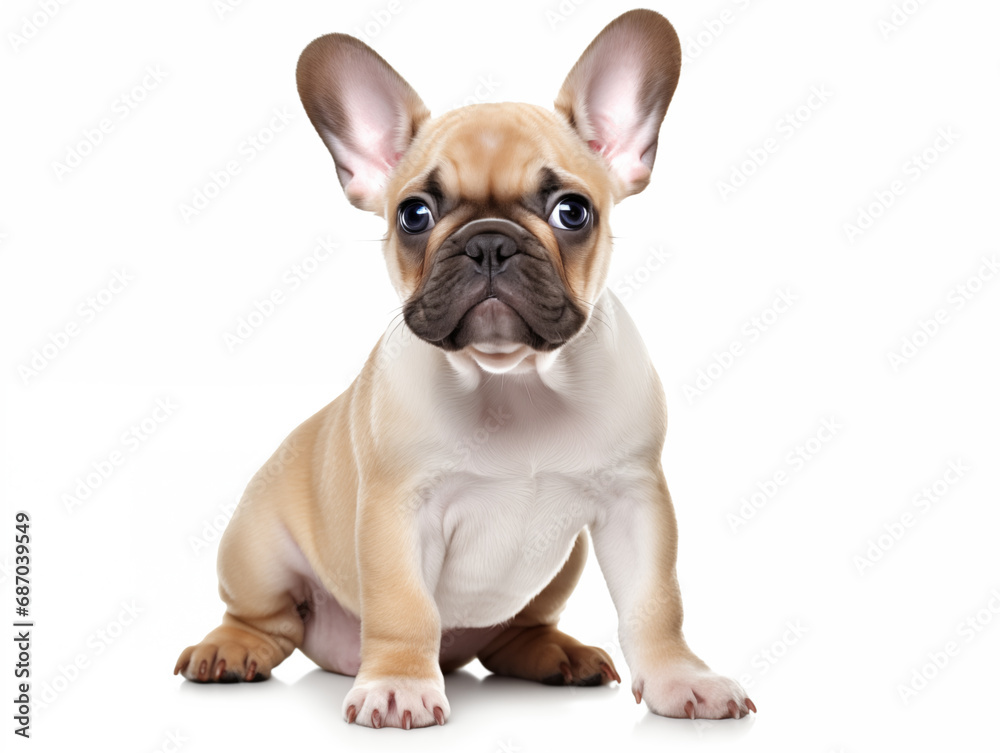 Close-up full-length portrait of a purebred French bulldog puppy. Cream or fawn color.Isolated on a white background.