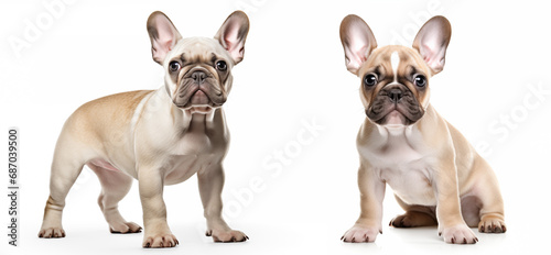 Close-up full-length portrait of a purebred French bulldog puppy. Cream or fawn color.Isolated on a white background.