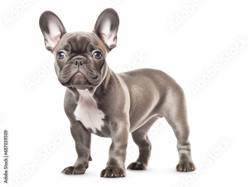 Close-up full-length portrait of a purebred French bulldog puppy. Blue suit. Isolated on a white background. © Екатерина