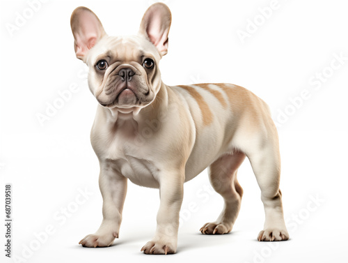 Close-up full-length portrait of a purebred French bulldog puppy. Cream or fawn color.Isolated on a white background.