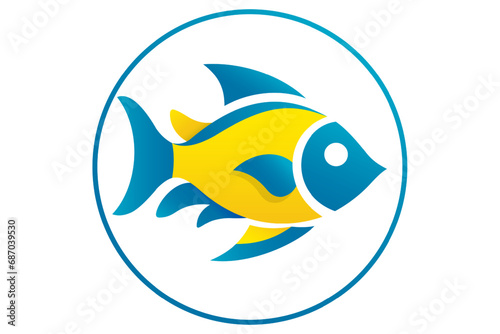 Fishing logo. Fish logo in yellow and blue colors for the fishing industry, store, fishing products. Flat vector illustration for design. © LoveSan