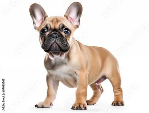 Close-up full-length portrait of a purebred French bulldog puppy. Cream or fawn color.Isolated on a white background.