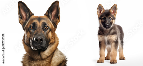 Close-up full-length portrait of a purebred German Shepherd. Isolated on a white background.
