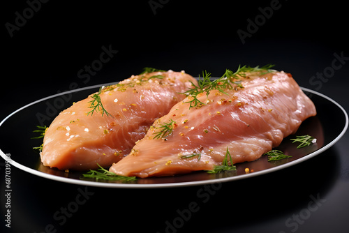 Boneless chicken with rosemary garnished on top. Close-up shot of chicken meat.