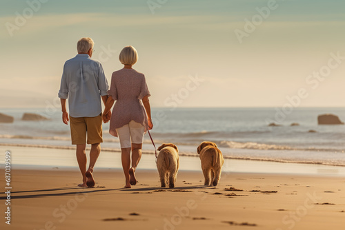 An older retired couple walking their pet dogs along a deserted beach at sunset