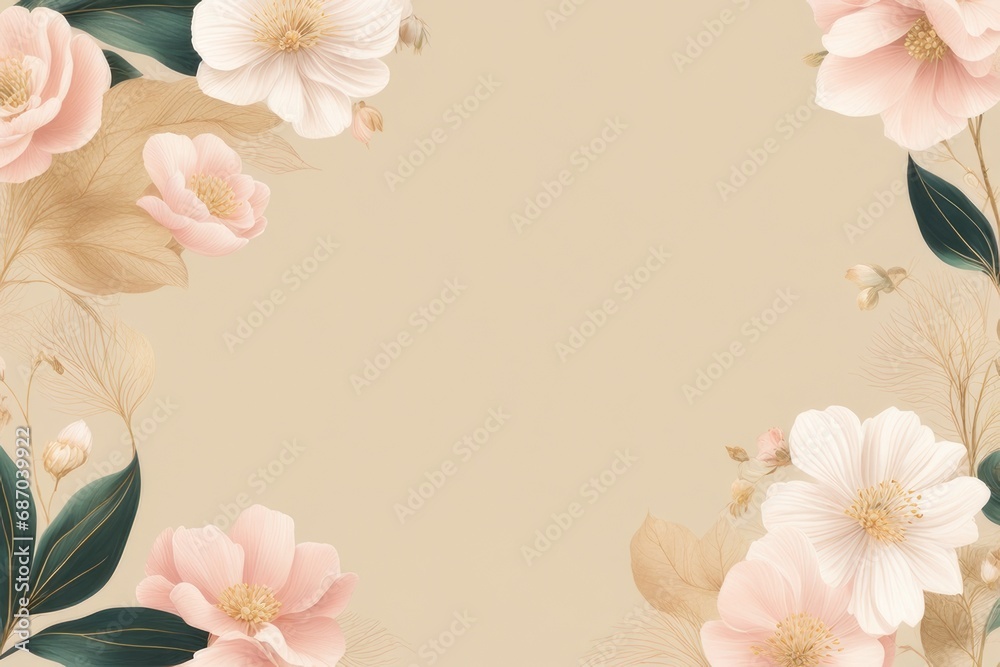 Invitation card blank mock up. Elegant floral image , green leaves on a light beige background.
