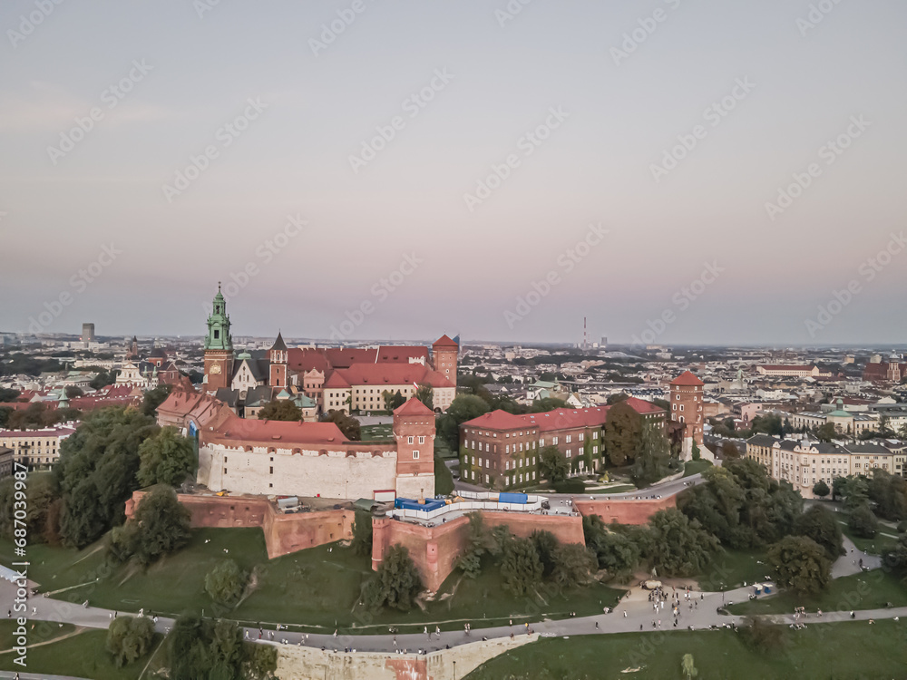 Aerial view of Wawel Royal Castle in Krakow on a summer evening