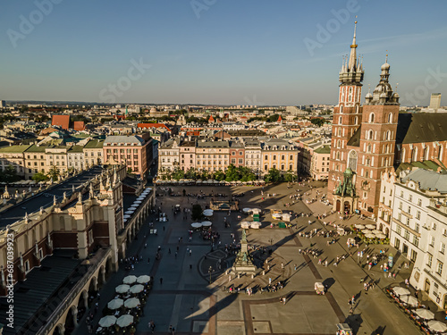Aerial view of the buildings around the Main Market Square in Krakow on a sunny,summer day. © Zdzislaw