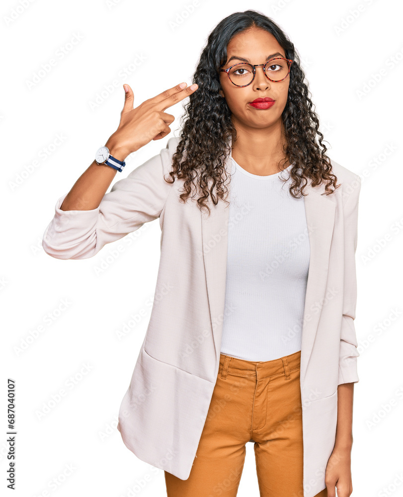Young african american girl wearing business clothes shooting and killing oneself pointing hand and fingers to head like gun, suicide gesture. Young african american girl wearing business clothes shooting and killing oneself pointing hand and fingers to head like gun, suicide gesture.