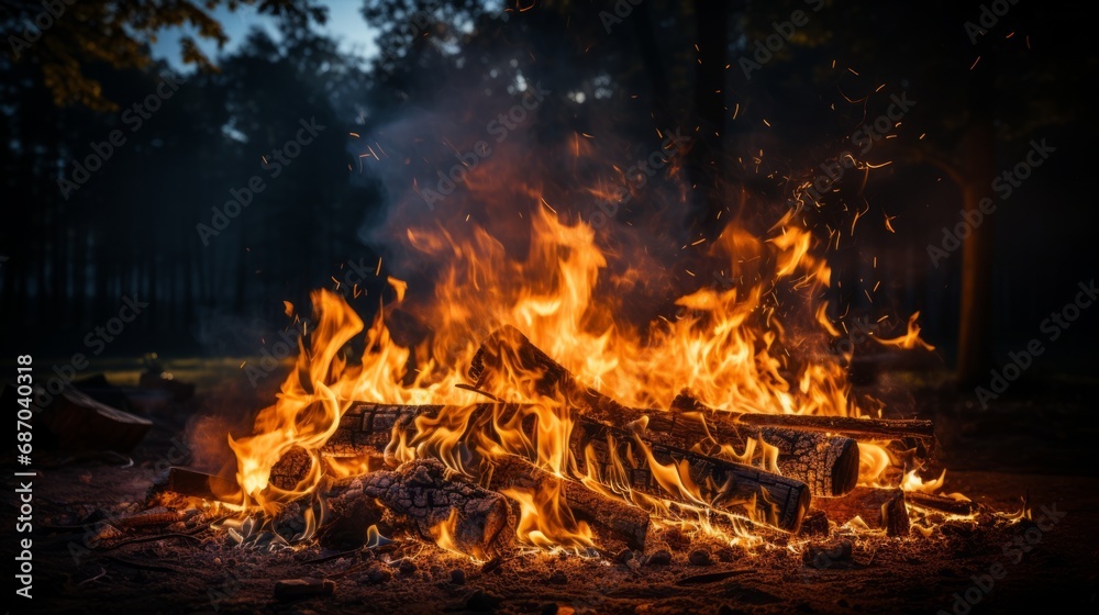 A large fire burning in the darkness A large fire burning in the darkness