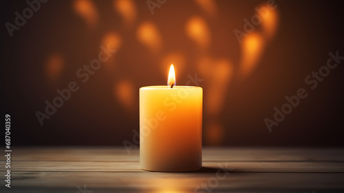 A glowing candle casting a warm light with a backdrop of soft shadows