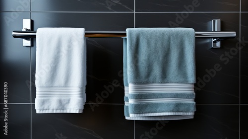 A bathroom towel rack with a single towel bar photo