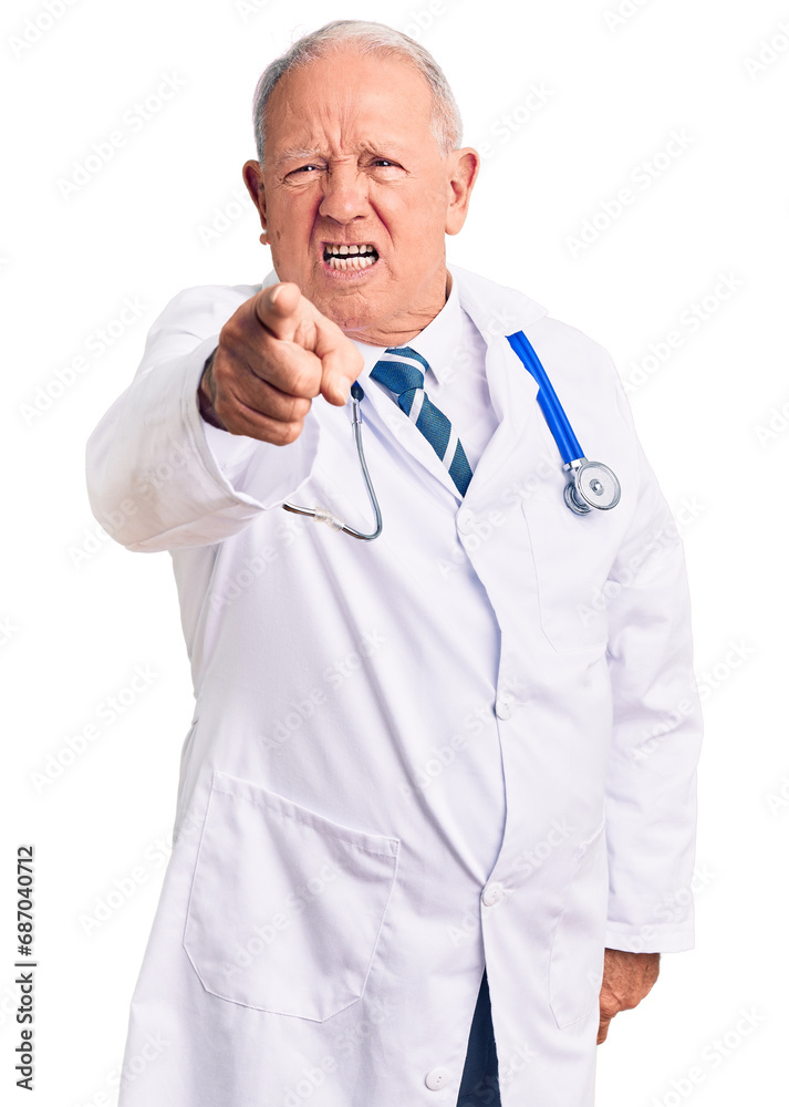Senior handsome grey-haired man wearing doctor coat and stethoscope pointing displeased and frustrated to the camera, angry and furious with you Senior handsome grey-haired man wearing doctor coat and stethoscope pointing displeased and frustrated to the camera, angry and furious with you