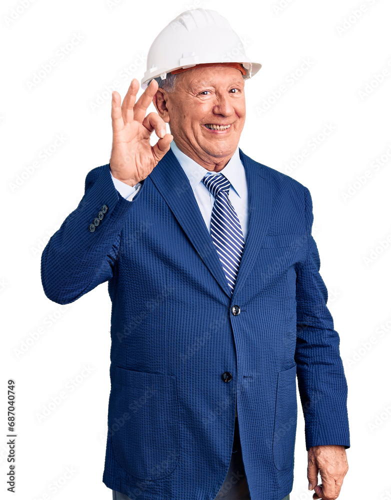 Senior handsome grey-haired man wearing suit and architect hardhat smiling positive doing ok sign with hand and fingers. successful expression. Senior handsome grey-haired man wearing suit and architect hardhat smiling positive doing ok sign with hand and fingers. successful expression.