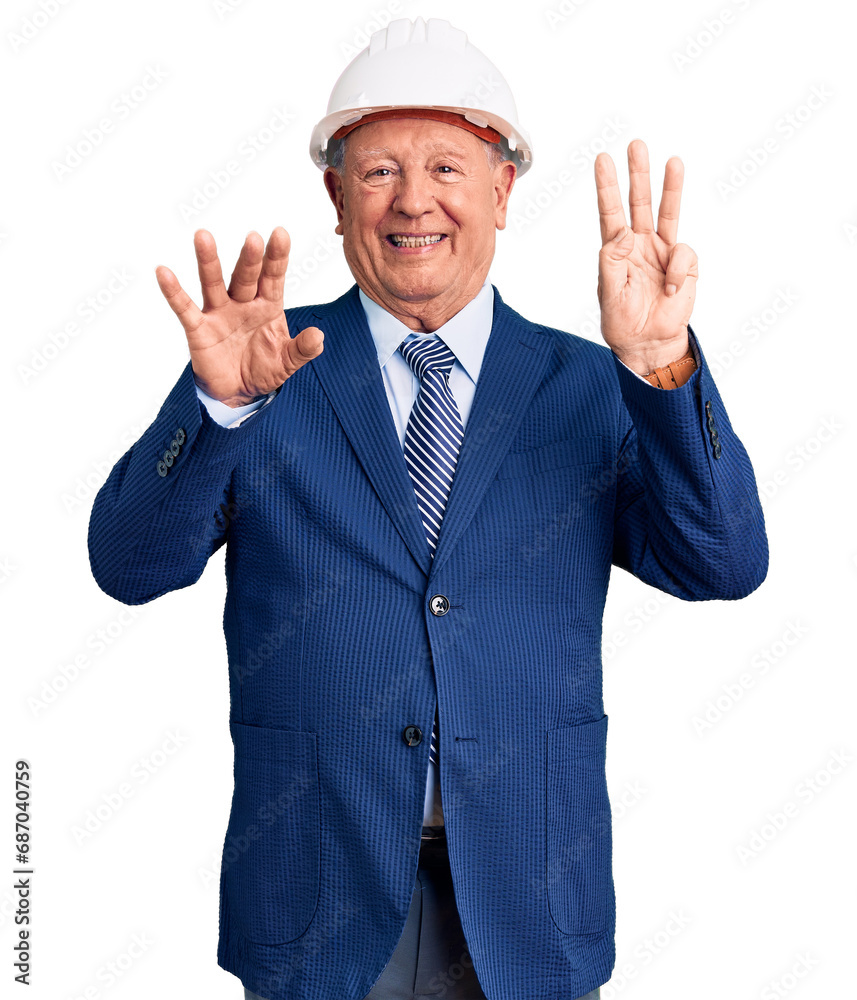 Senior handsome grey-haired man wearing suit and architect hardhat showing and pointing up with fingers number eight while smiling confident and happy. Senior handsome grey-haired man wearing suit and architect hardhat showing and pointing up with fingers number eight while smiling confident and happy.