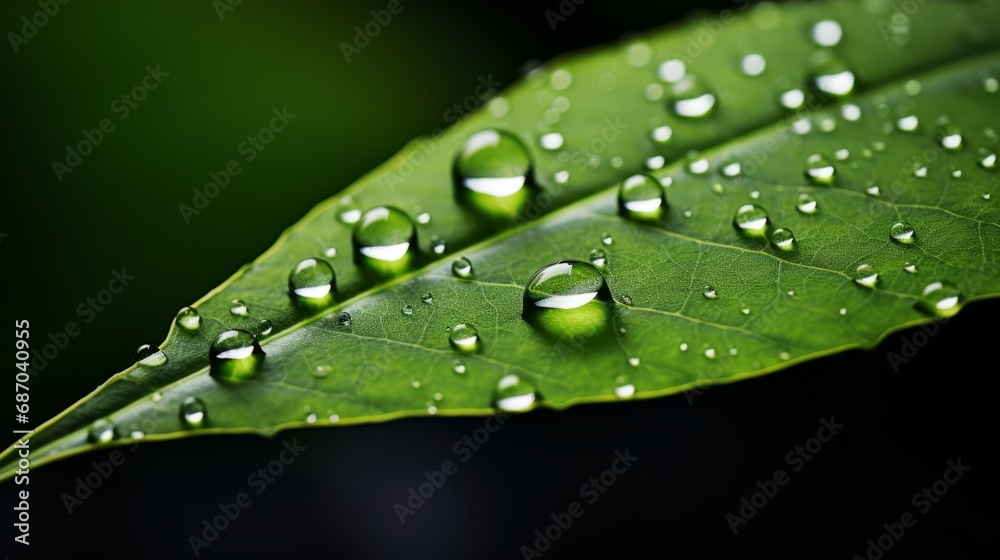 Green leaves with water drops Close-up. Macro shot of morning dew drops on fresh green leaf. Nature and ecology concept. Natural background. One leaf with tiny raindrops on it. Green leaves with water drops Close-up. Macro shot of morning dew drops on fresh green leaf. Nature and ecology concept. Natural background. One leaf with tiny raindrops on it.