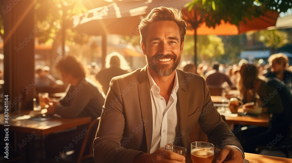  a man sitting at an outdoor eating place enjoying an outdoor meal with friends at restaurant.