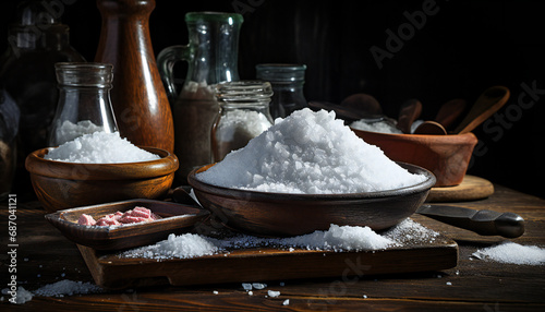 Recreation of coarse salt in a bowl in a rustic kitchen. Artificial intelligence