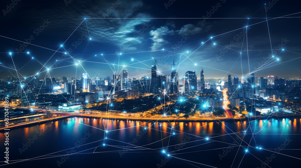 custom made wallpaper toronto digitalWireless network and Connection technology concept with Abstract Bangkok city background in panorama view. Generative Ai.