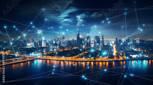 Wallpaper Mural Wireless network and Connection technology concept with Abstract Bangkok city background in panorama view. Generative Ai. Torontodigital.ca