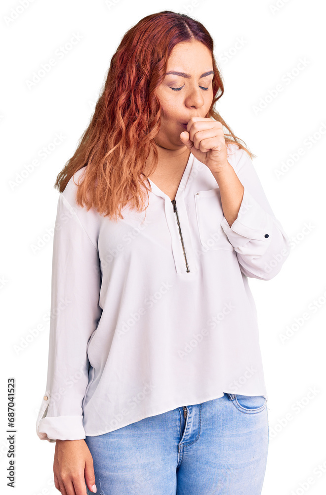 Young latin woman wearing casual clothes feeling unwell and coughing as symptom for cold or bronchitis. health care concept. Young latin woman wearing casual clothes feeling unwell and coughing as symptom for cold or bronchitis. health care concept.