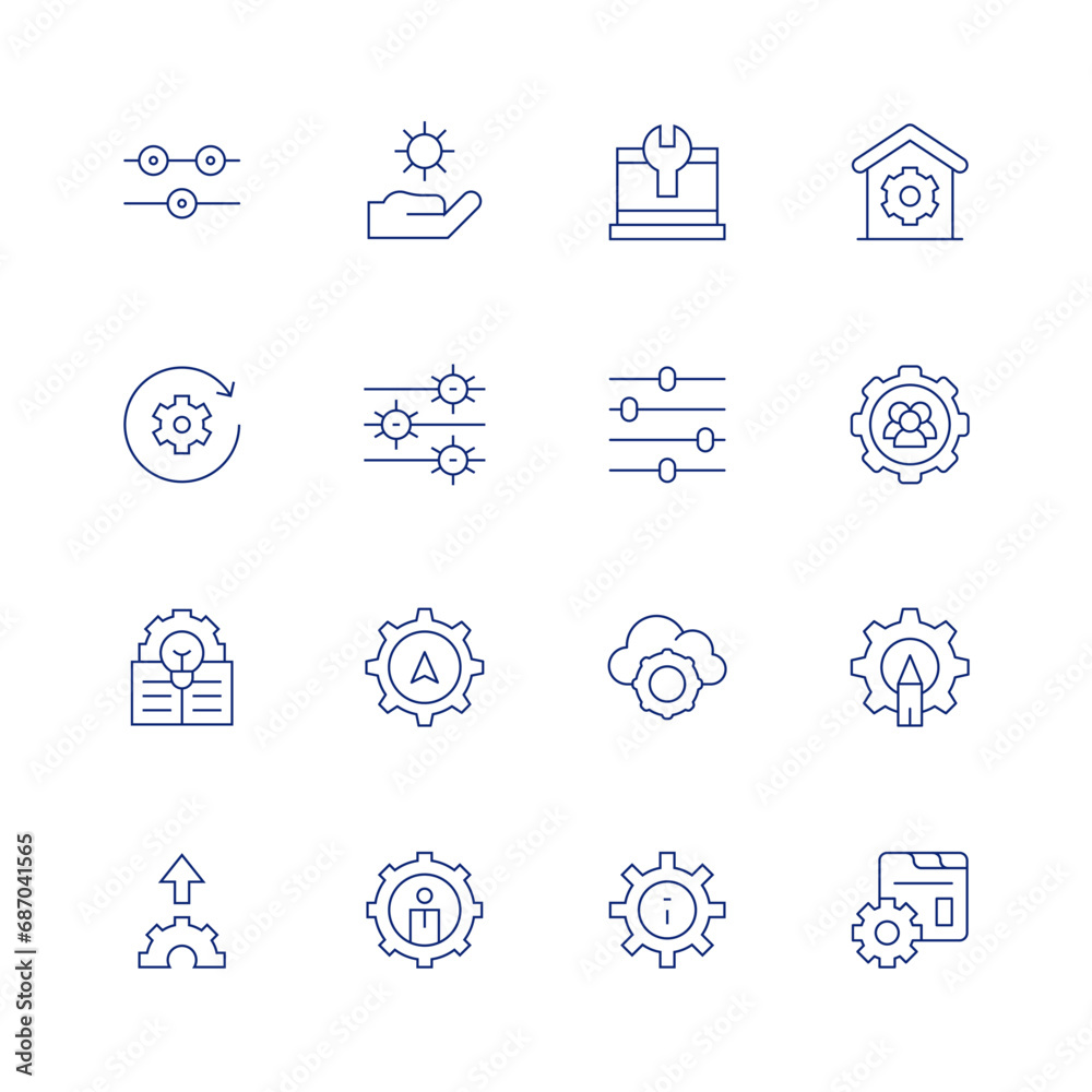 Settings line icon set on transparent background with editable stroke. Containing controls, work in progress, idea, upload, settings, setting, cloud settings, teamwork, gear.