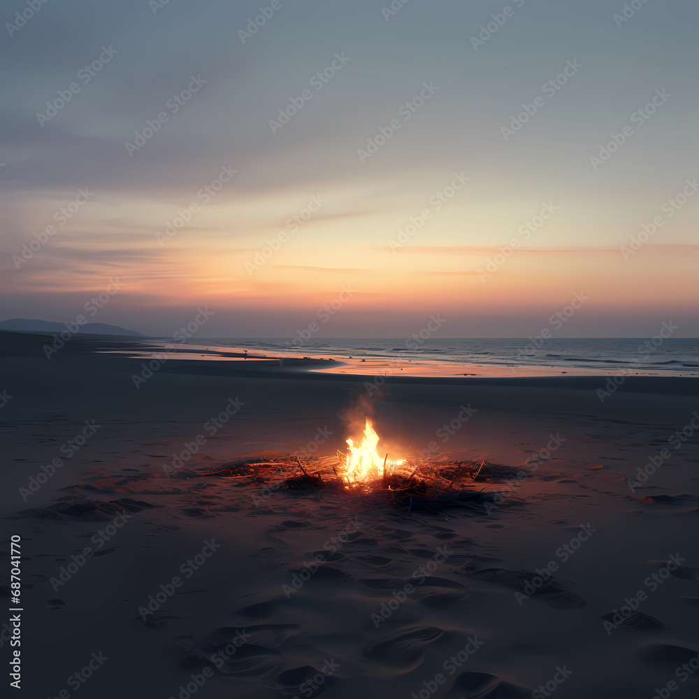 a minimalist beach at dusk with a bonfire on the sand.