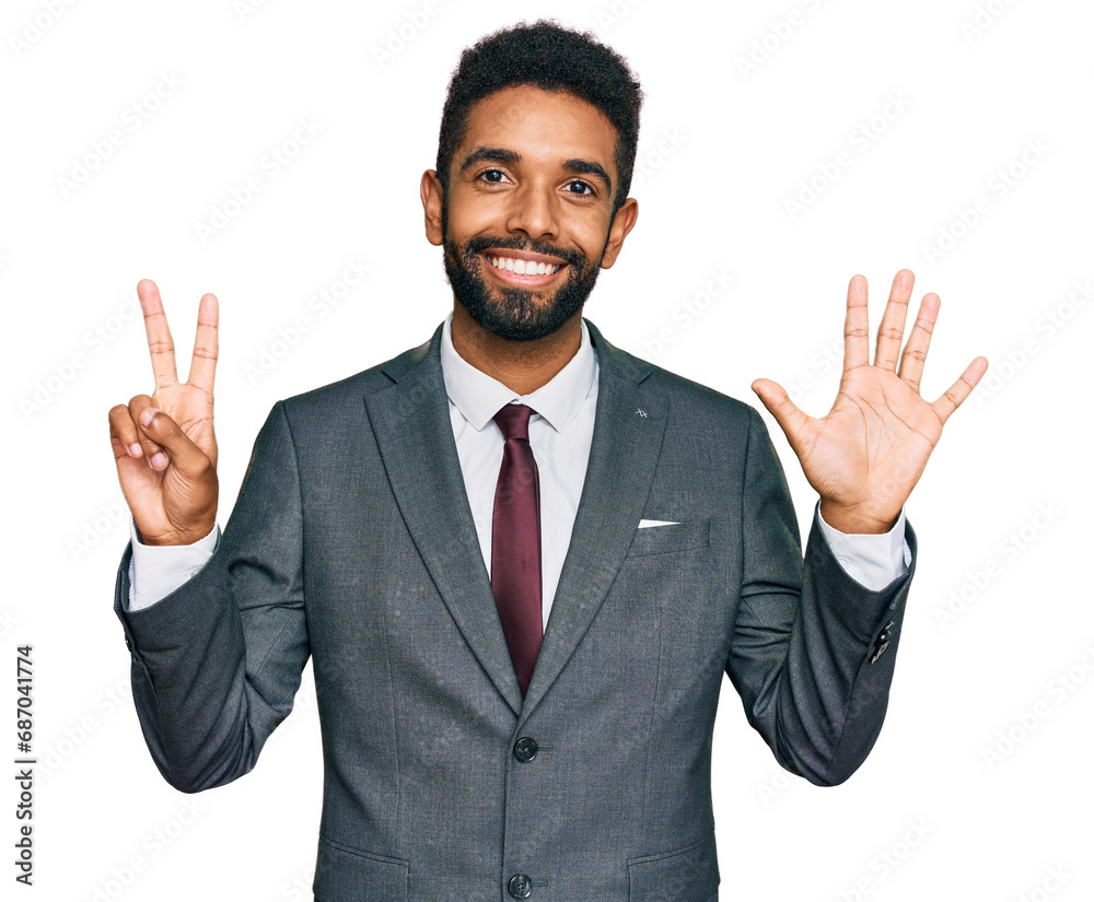 Young african american man wearing business clothes showing and pointing up with fingers number seven while smiling confident and happy. Young african american man wearing business clothes showing and pointing up with fingers number seven while smiling confident and happy.