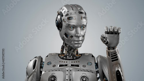 Very detailed humanoid cyborg or futuristic robot man looking at his arm. 3d rendering animation of the upper body isolated on color background with alpha
